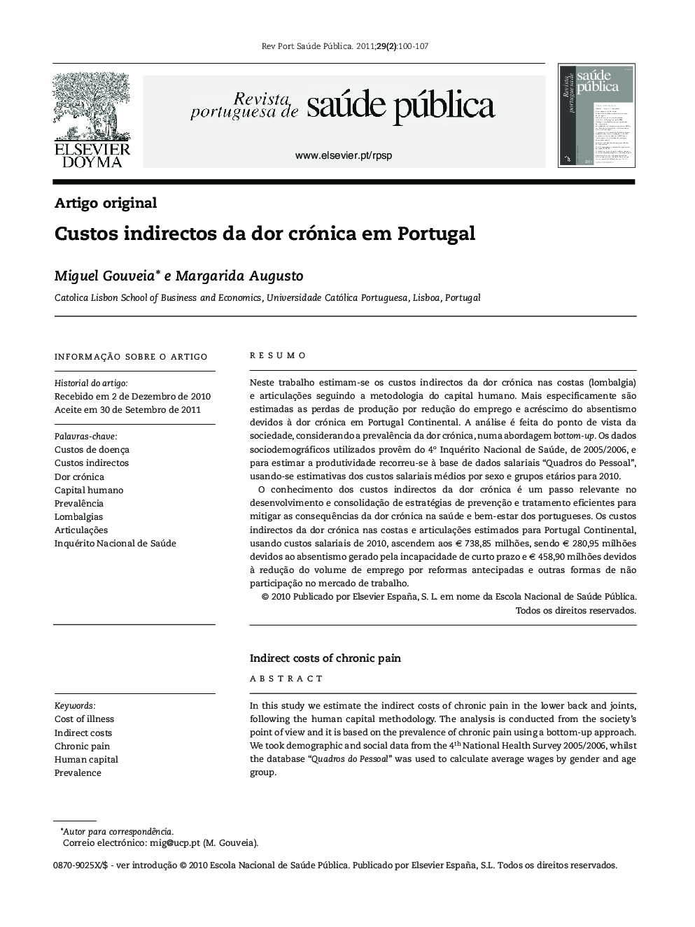 عکس صفحه اول مقاله: Custos indirectos da dor crónica em Portugal Custos indirectos da dor crónica em Portugal