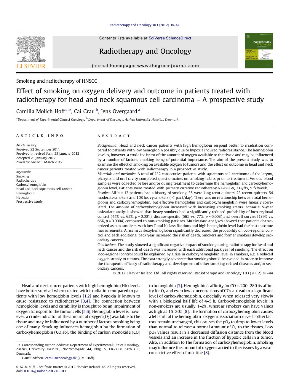 Effect of smoking on oxygen delivery and outcome in patients treated with radiotherapy for head and neck squamous cell carcinoma - A prospective study