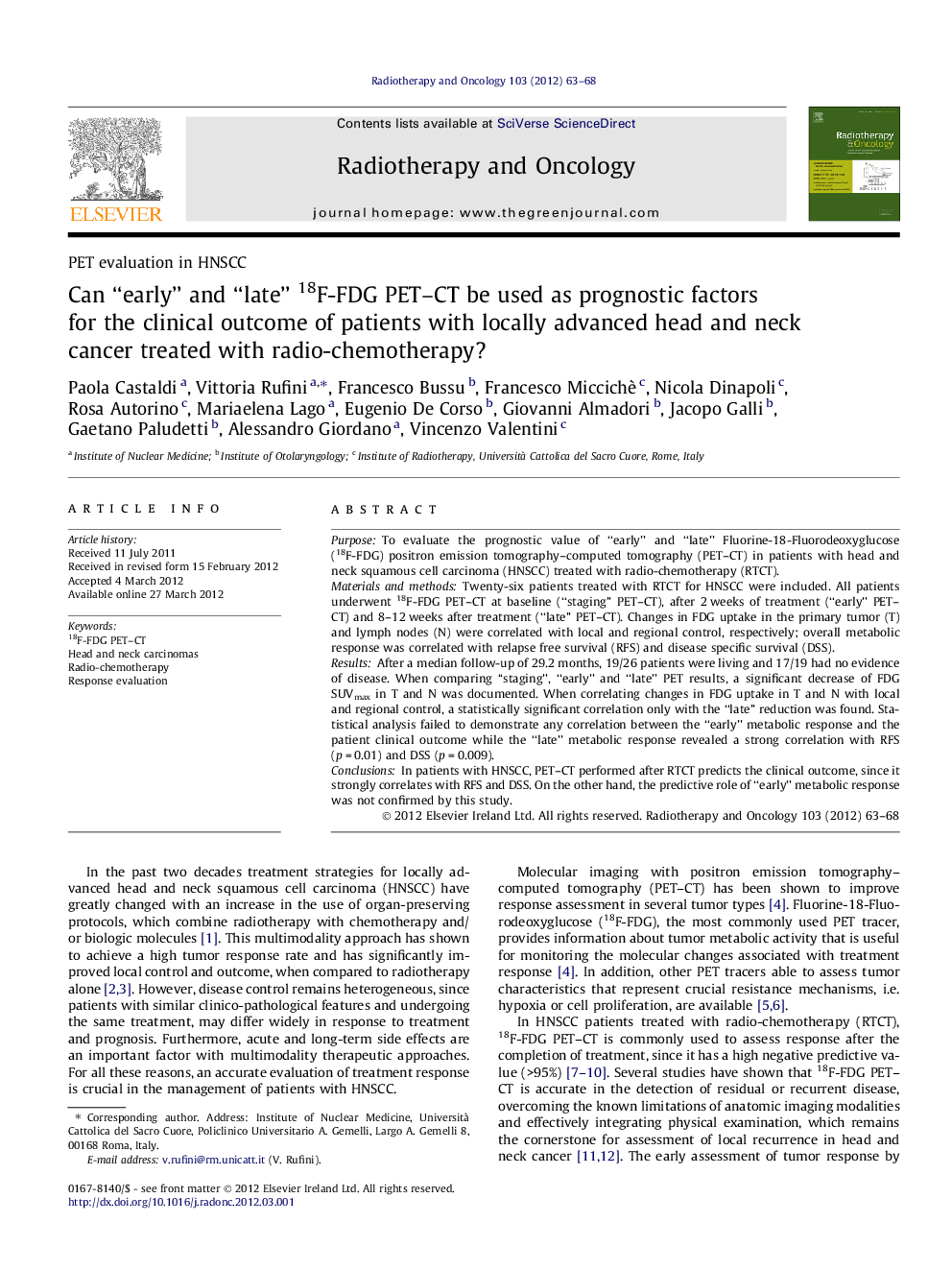 Can “early” and “late” 18F-FDG PET-CT be used as prognostic factors for the clinical outcome of patients with locally advanced head and neck cancer treated with radio-chemotherapy?