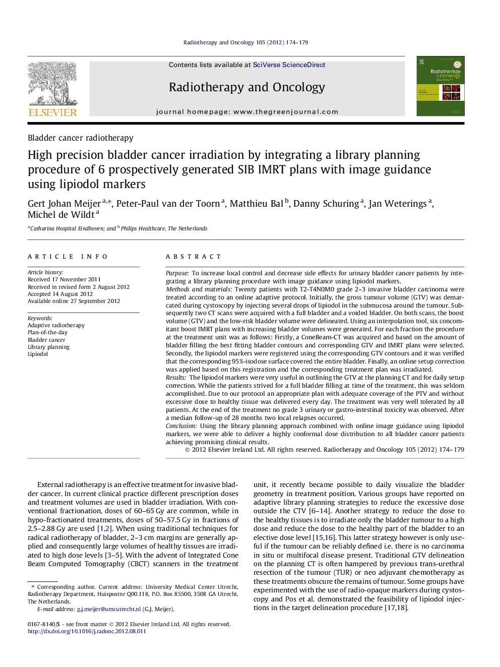 High precision bladder cancer irradiation by integrating a library planning procedure of 6 prospectively generated SIB IMRT plans with image guidance using lipiodol markers