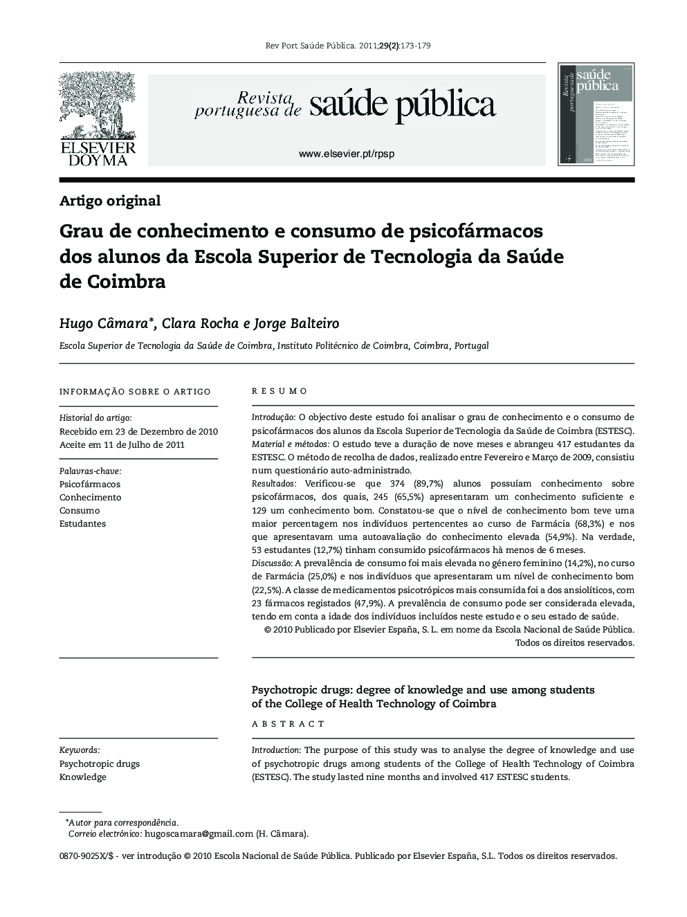 عکس صفحه اول مقاله: Grau de conhecimento e consumo de psicofármacos dos alunos da Escola Superior de Tecnologia da Saúde de Coimbra Grau de conhecimento e consumo de psicofármacos dos alunos da Escola Superior de Tecnologia da Saúde de Coimbra