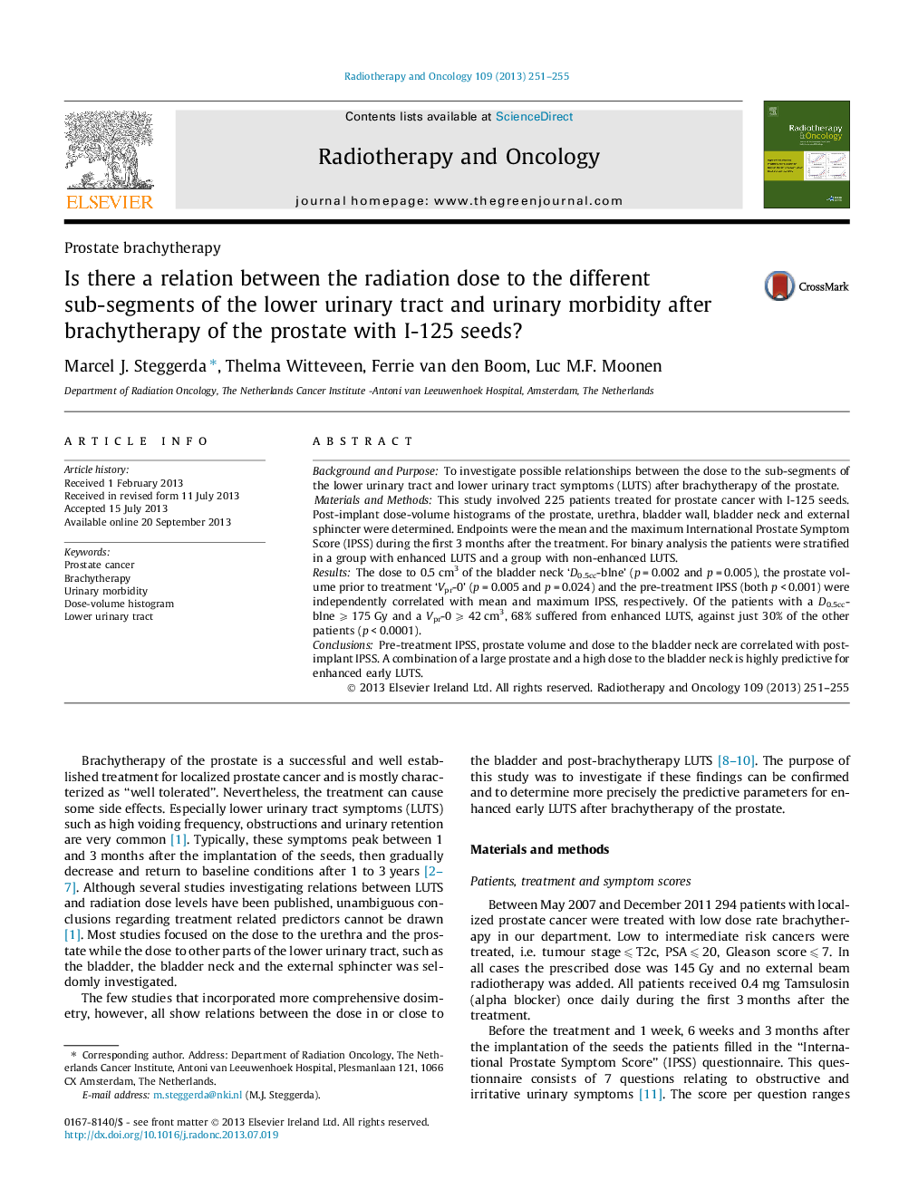 Is there a relation between the radiation dose to the different sub-segments of the lower urinary tract and urinary morbidity after brachytherapy of the prostate with I-125 seeds?