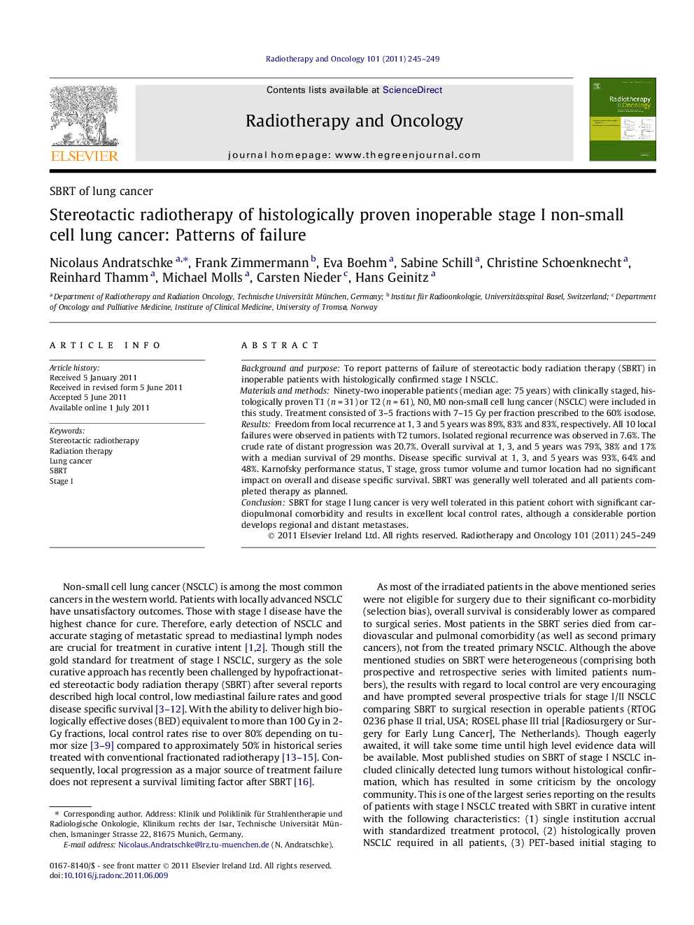 Stereotactic radiotherapy of histologically proven inoperable stage I non-small cell lung cancer: Patterns of failure