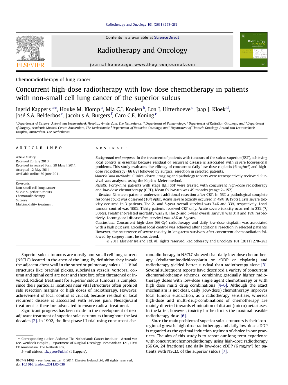 Concurrent high-dose radiotherapy with low-dose chemotherapy in patients with non-small cell lung cancer of the superior sulcus