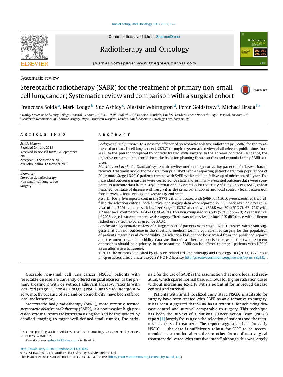 Stereotactic radiotherapy (SABR) for the treatment of primary non-small cell lung cancer; Systematic review and comparison with a surgical cohort