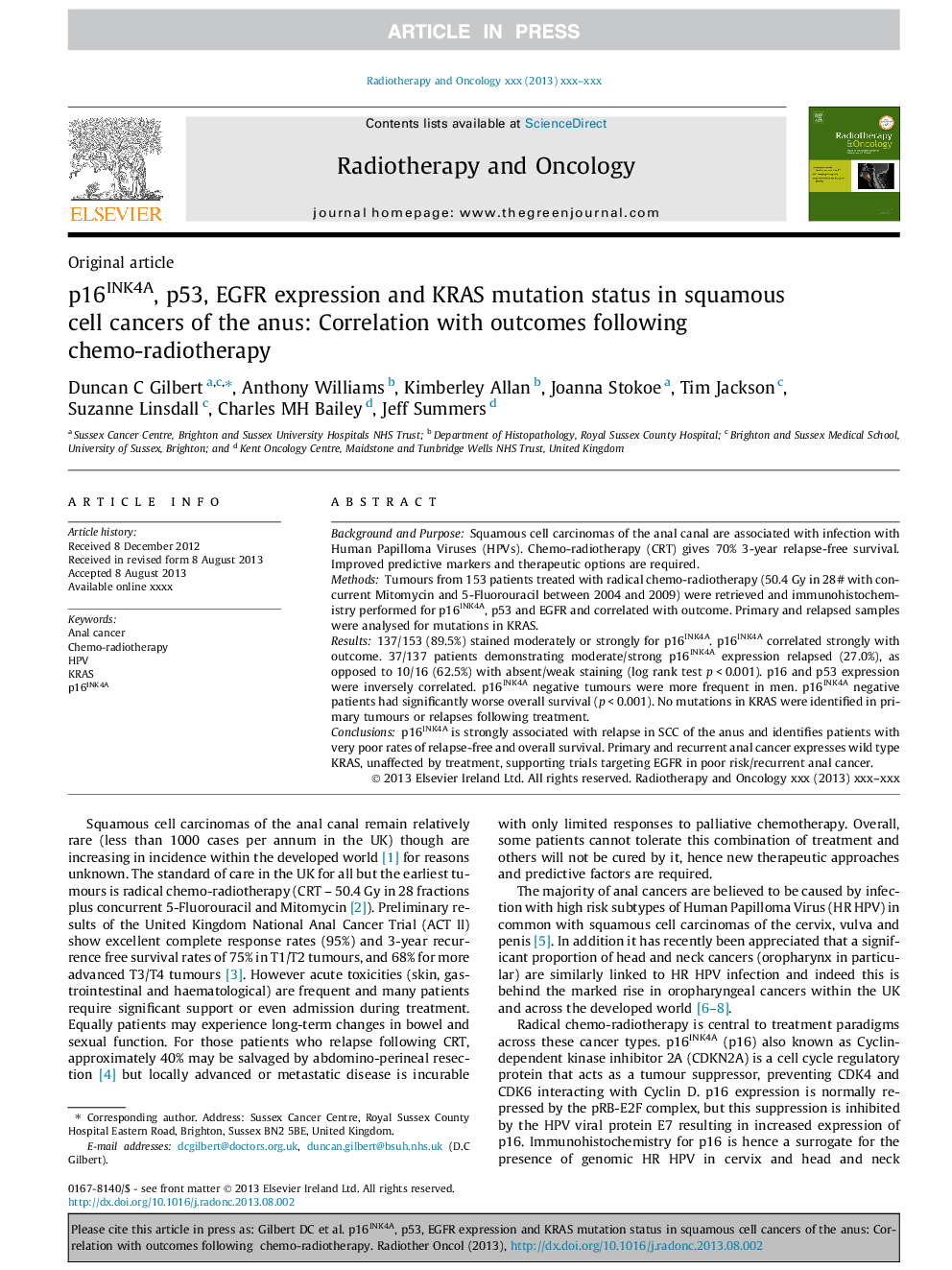 p16INK4A, p53, EGFR expression and KRAS mutation status in squamous cell cancers of the anus: Correlation with outcomes following chemo-radiotherapy