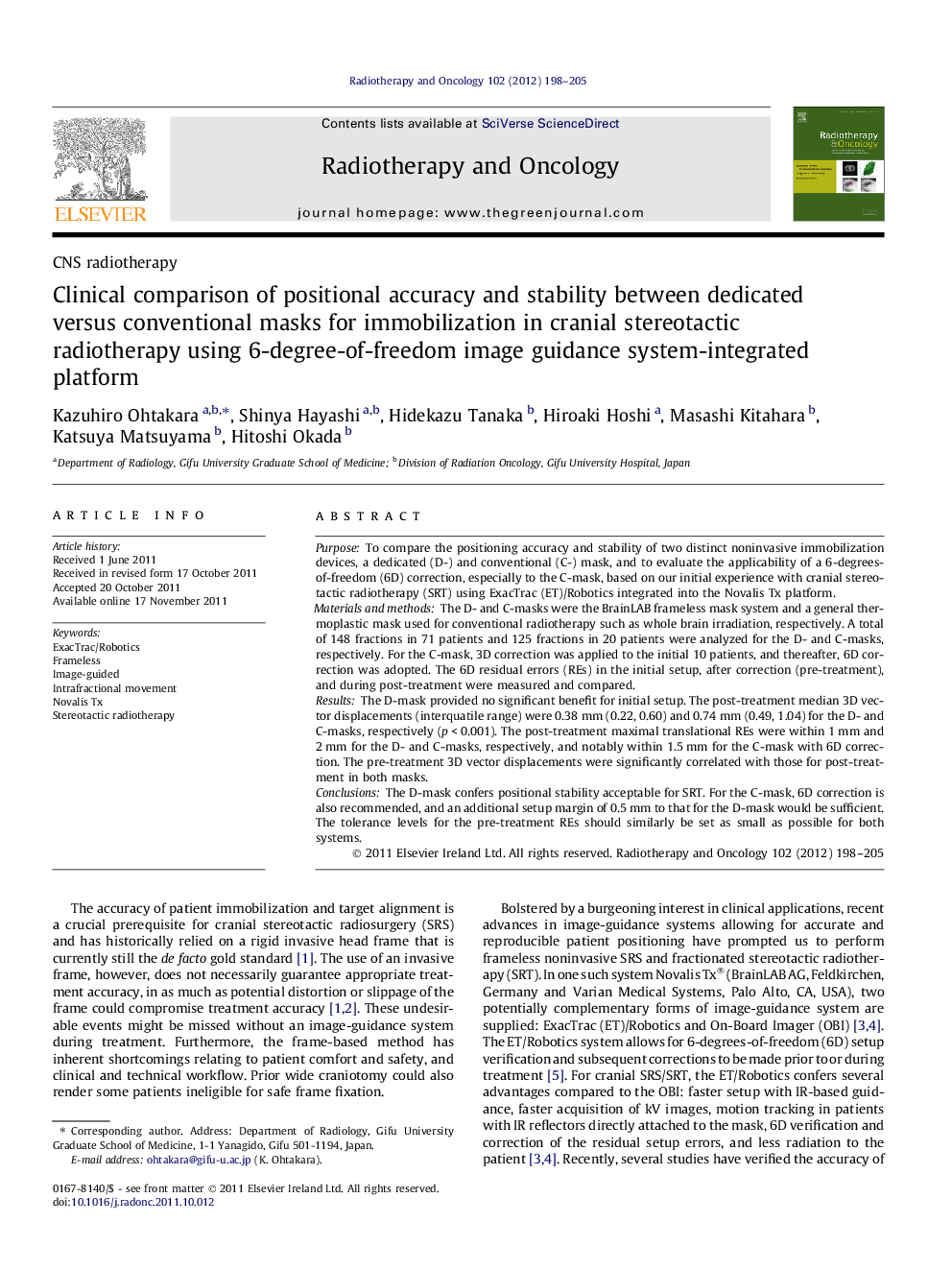 Clinical comparison of positional accuracy and stability between dedicated versus conventional masks for immobilization in cranial stereotactic radiotherapy using 6-degree-of-freedom image guidance system-integrated platform