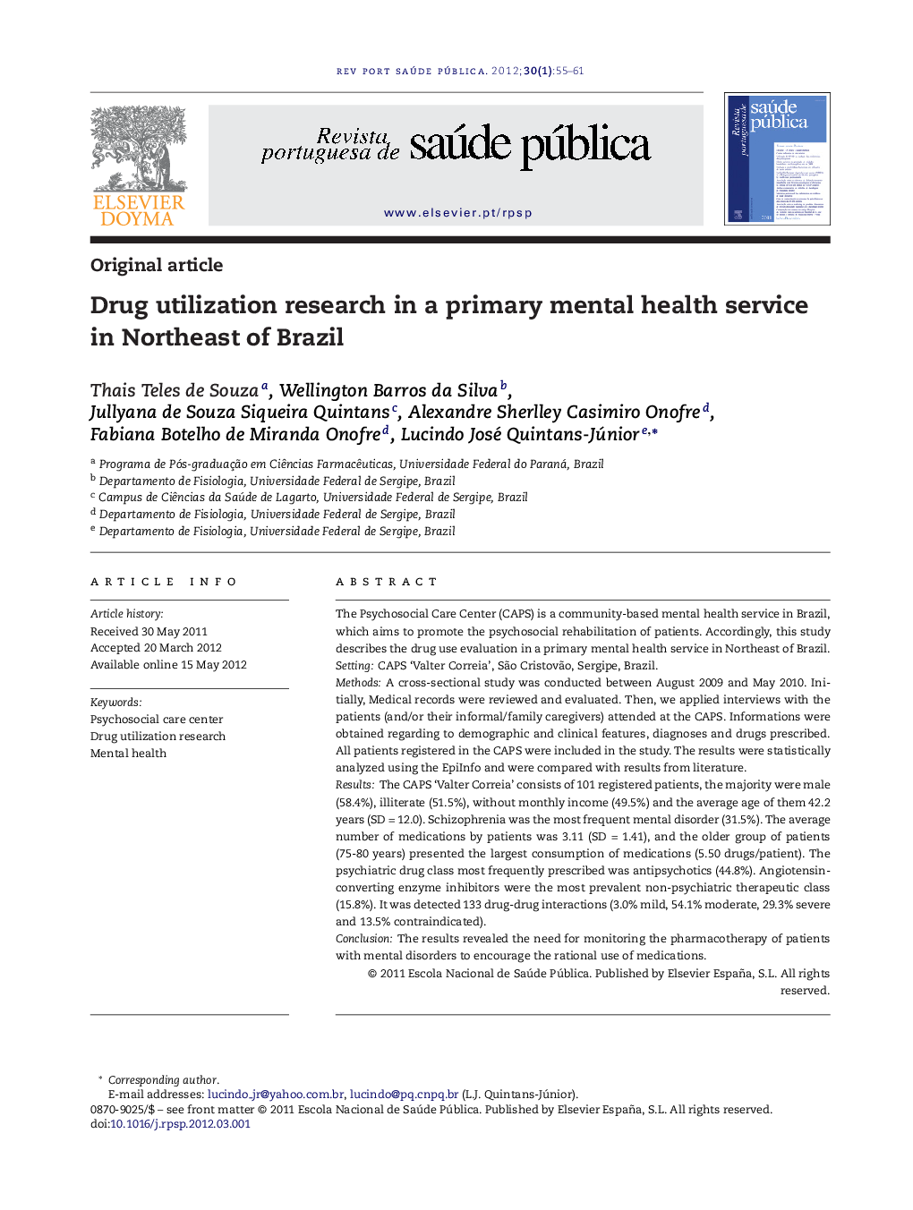 عکس صفحه اول مقاله: Drug utilization research in a primary mental health service in Northeast of Brazil Drug utilization research in a primary mental health service in Northeast of Brazil