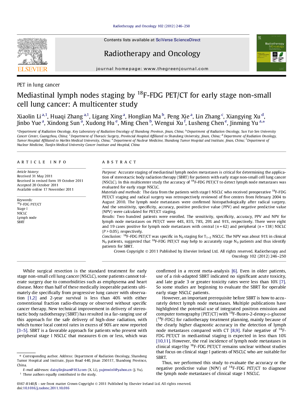 Mediastinal lymph nodes staging by 18F-FDG PET/CT for early stage non-small cell lung cancer: A multicenter study