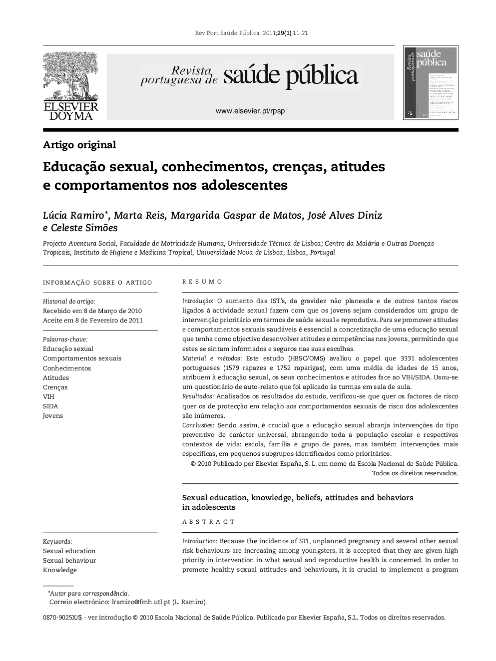 Educação sexual, conhecimentos, crenças, atitudes e comportamentos nos adolescentes