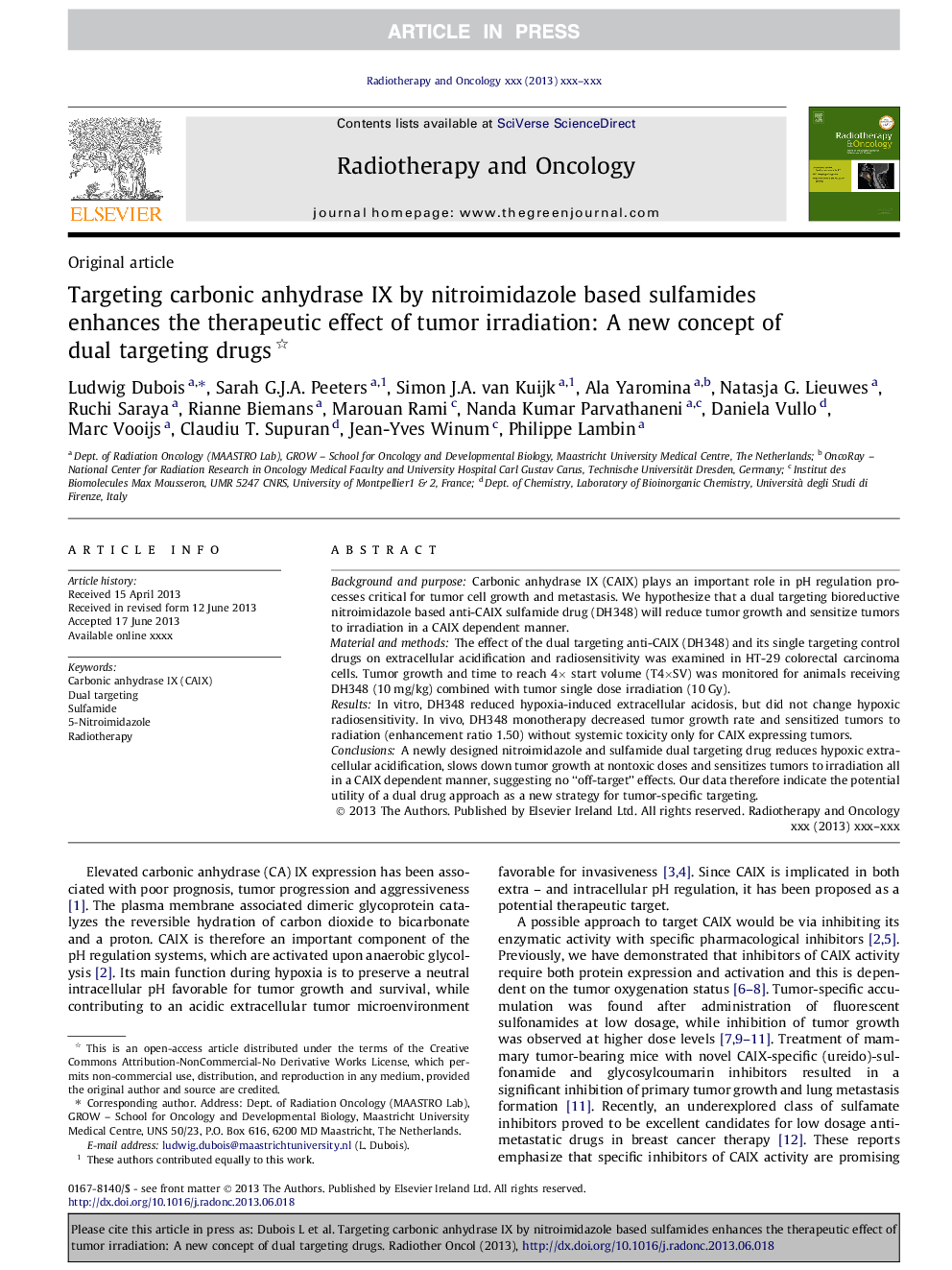 Targeting carbonic anhydrase IX by nitroimidazole based sulfamides enhances the therapeutic effect of tumor irradiation: A new concept of dual targeting drugs