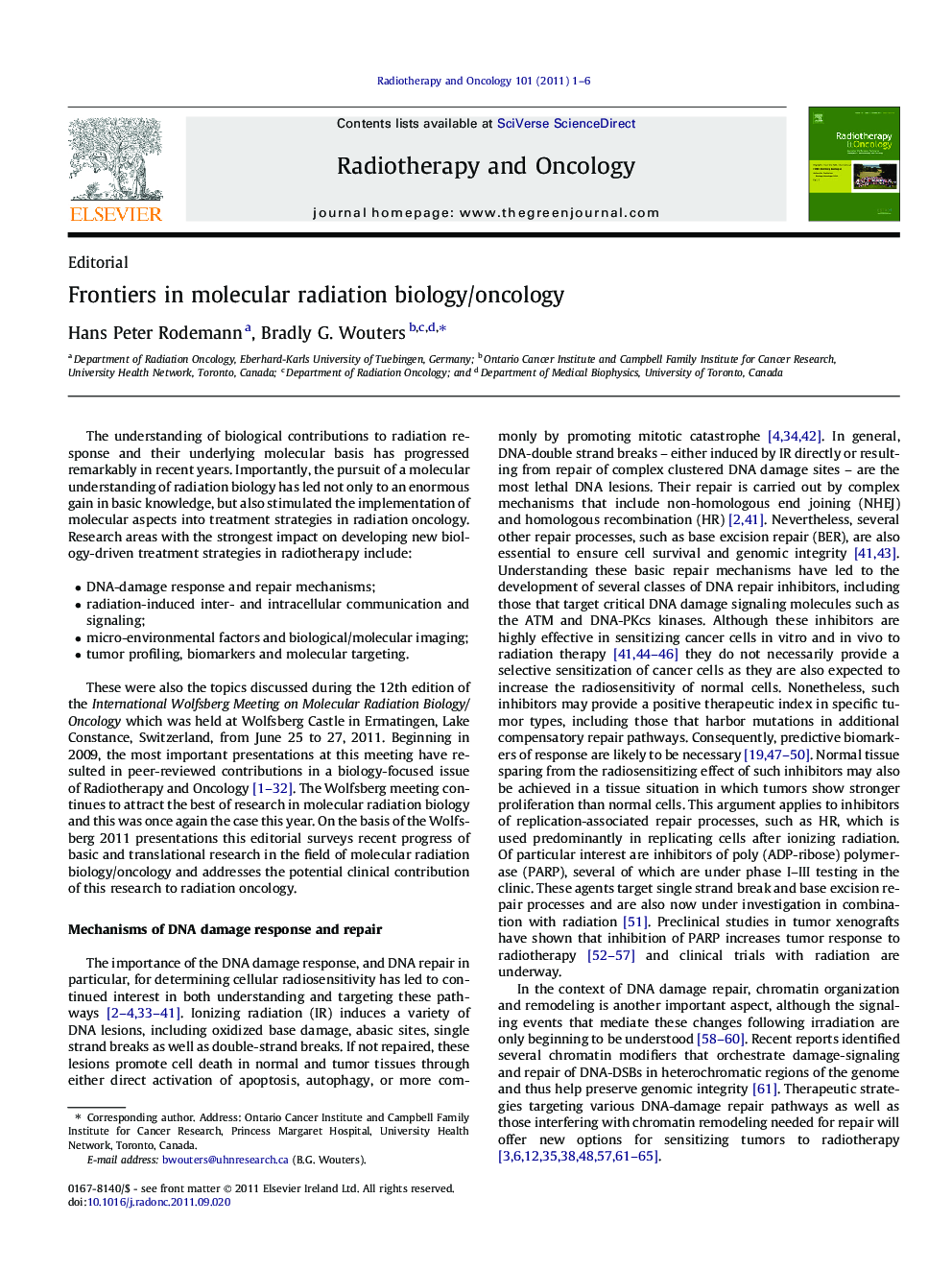 عکس صفحه اول مقاله: Frontiers in molecular radiation biology/oncology Frontiers in molecular radiation biology/oncology