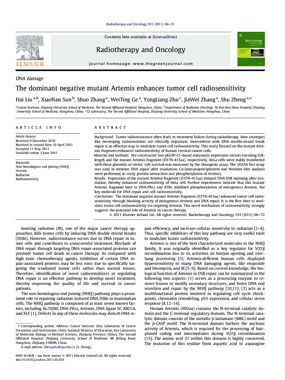 The dominant negative mutant Artemis enhances tumor cell radiosensitivity