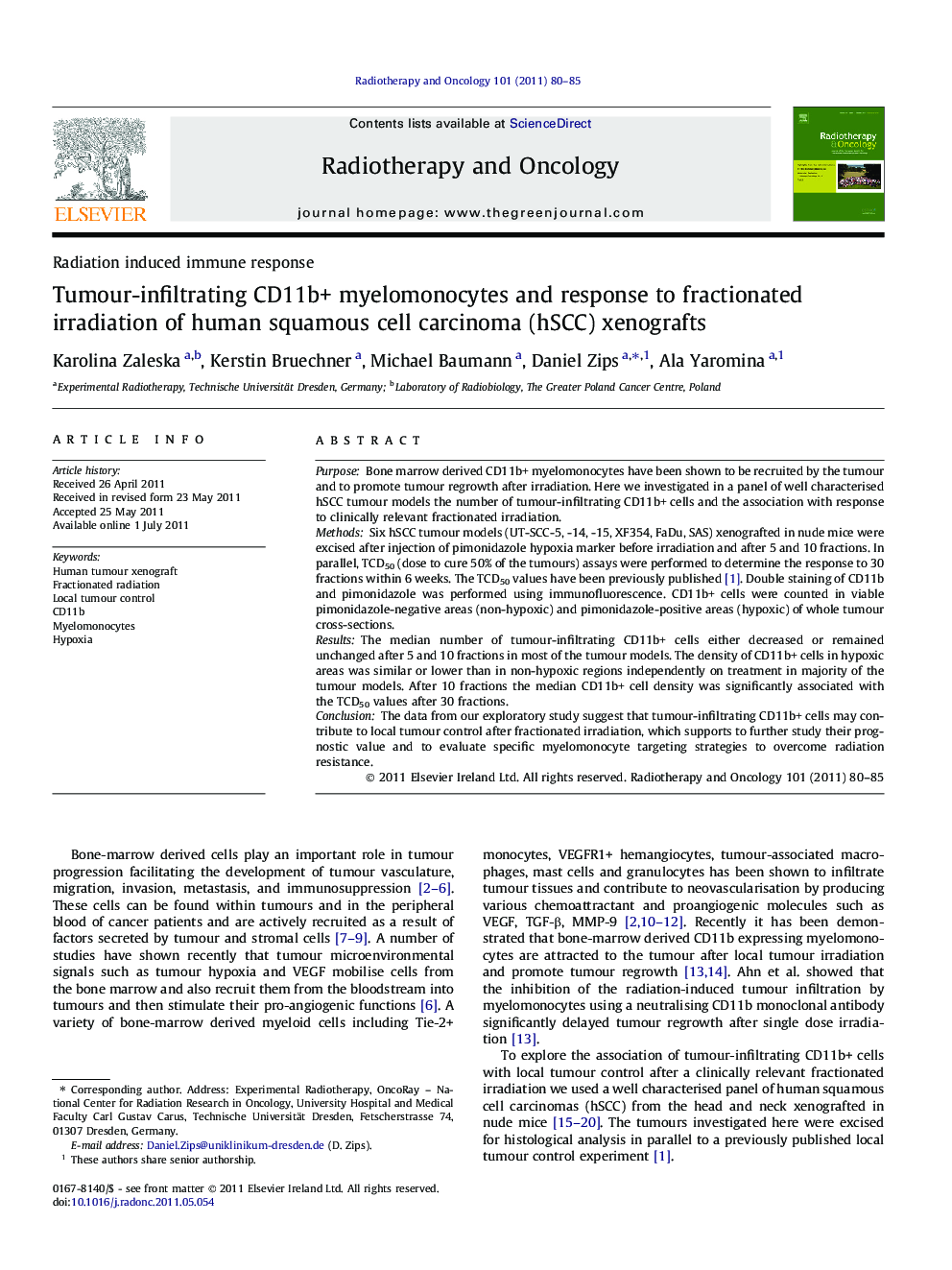 Tumour-infiltrating CD11b+ myelomonocytes and response to fractionated irradiation of human squamous cell carcinoma (hSCC) xenografts