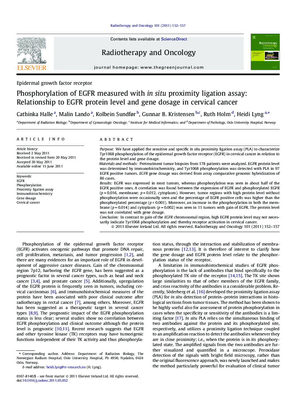 Phosphorylation of EGFR measured with in situ proximity ligation assay: Relationship to EGFR protein level and gene dosage in cervical cancer