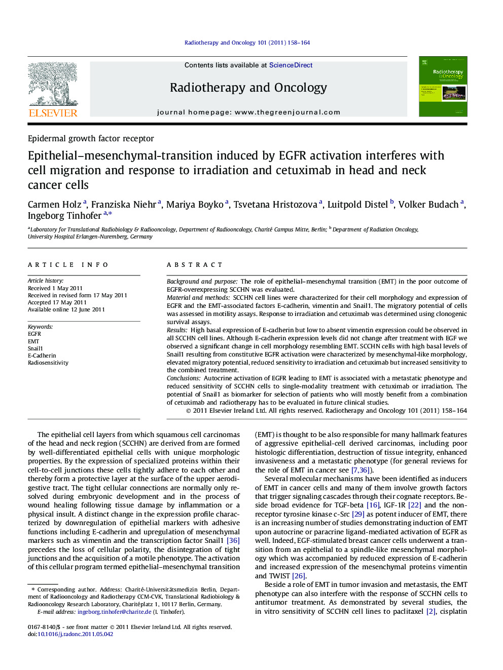 Epithelial-mesenchymal-transition induced by EGFR activation interferes with cell migration and response to irradiation and cetuximab in head and neck cancer cells