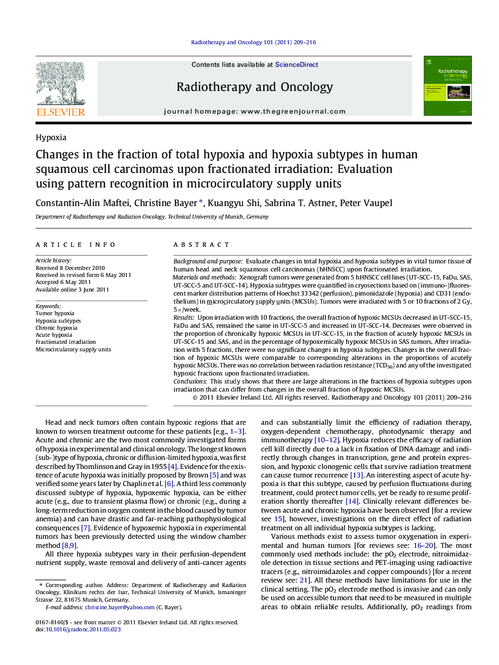 Changes in the fraction of total hypoxia and hypoxia subtypes in human squamous cell carcinomas upon fractionated irradiation: Evaluation using pattern recognition in microcirculatory supply units