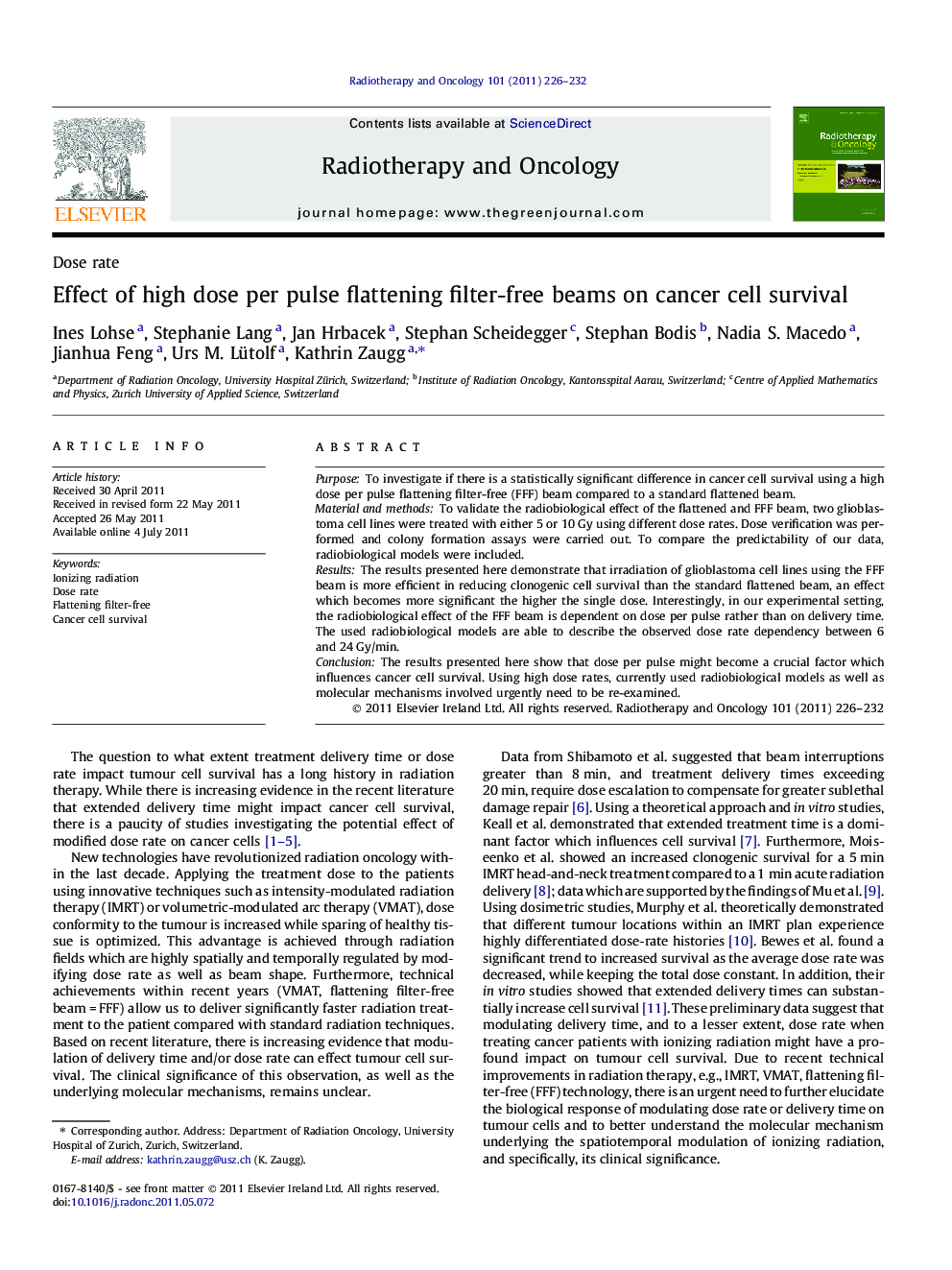 Effect of high dose per pulse flattening filter-free beams on cancer cell survival