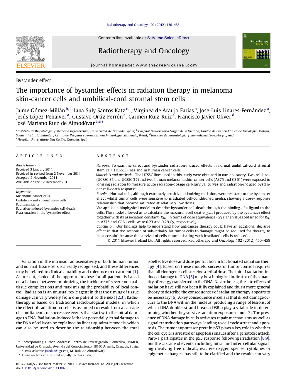 The importance of bystander effects in radiation therapy in melanoma skin-cancer cells and umbilical-cord stromal stem cells