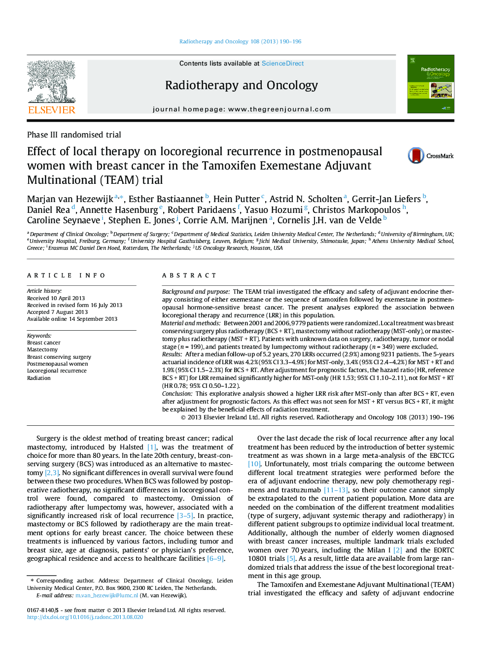 Effect of local therapy on locoregional recurrence in postmenopausal women with breast cancer in the Tamoxifen Exemestane Adjuvant Multinational (TEAM) trial