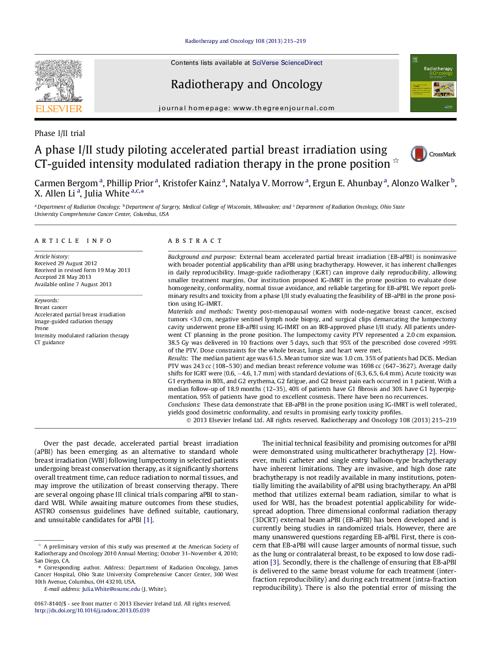 A phase I/II study piloting accelerated partial breast irradiation using CT-guided intensity modulated radiation therapy in the prone position