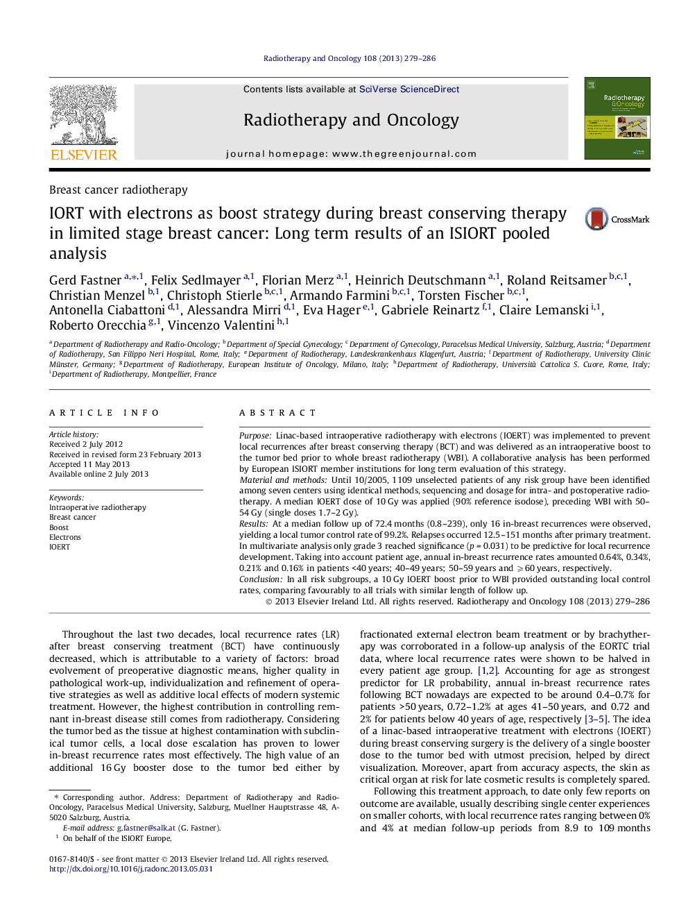 IORT with electrons as boost strategy during breast conserving therapy in limited stage breast cancer: Long term results of an ISIORT pooled analysis