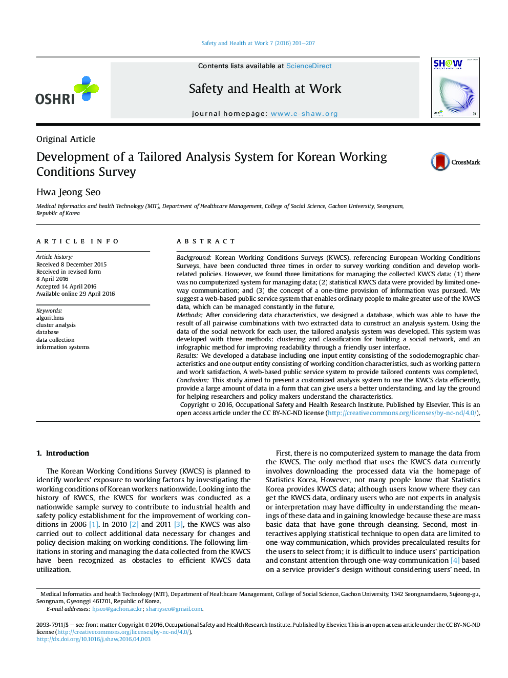 Development of a Tailored Analysis System for Korean Working Conditions Survey