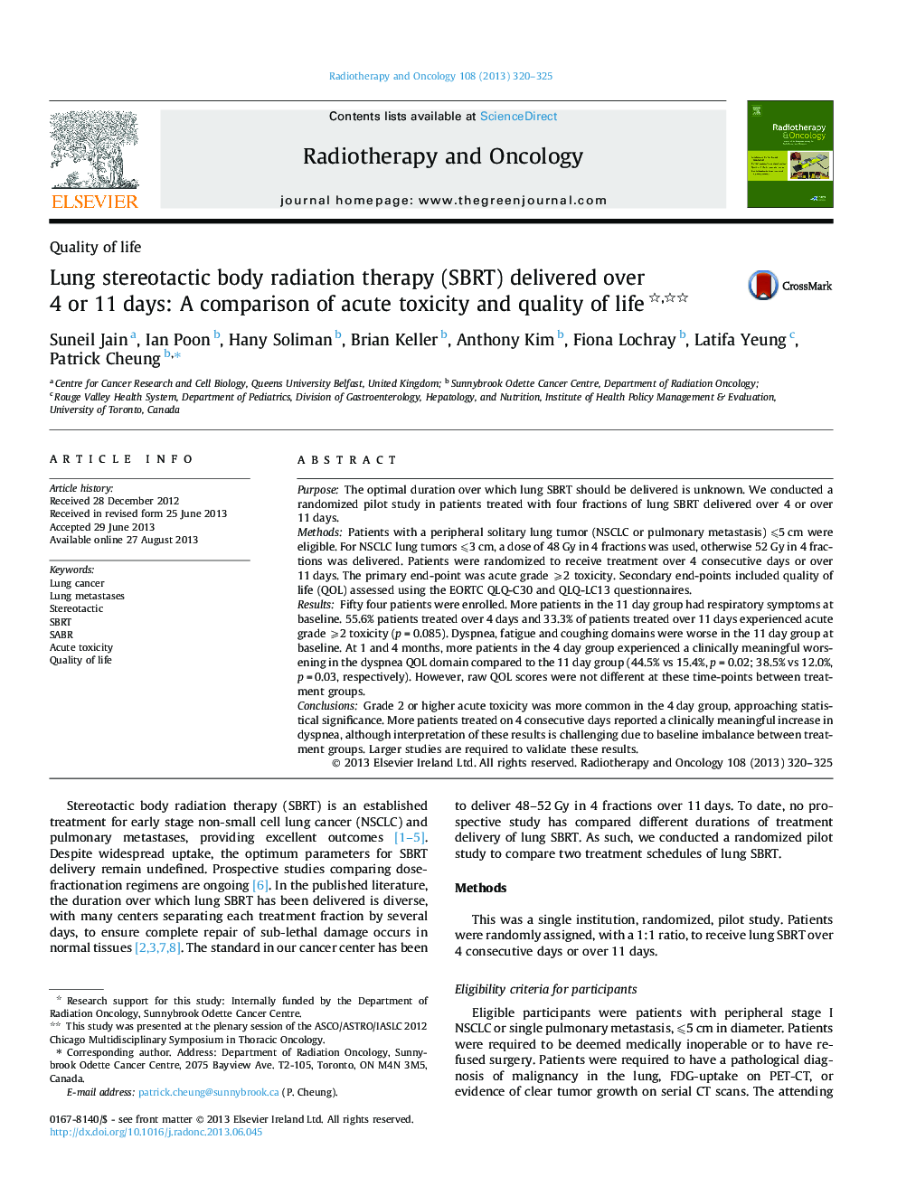 Lung stereotactic body radiation therapy (SBRT) delivered over 4 or 11Â days: A comparison of acute toxicity and quality of life