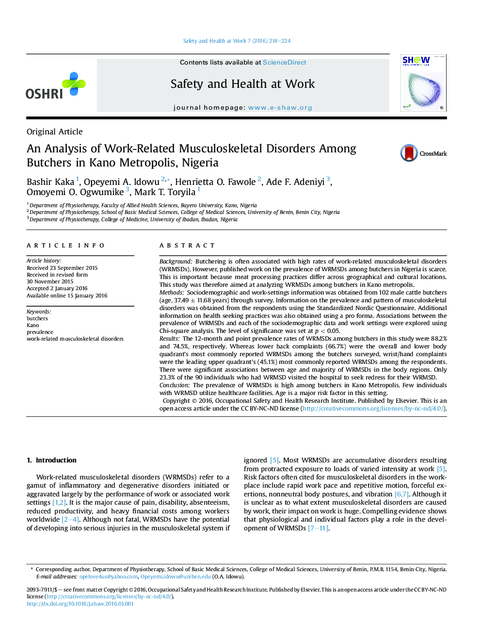 An Analysis of Work-Related Musculoskeletal Disorders Among Butchers in Kano Metropolis, Nigeria