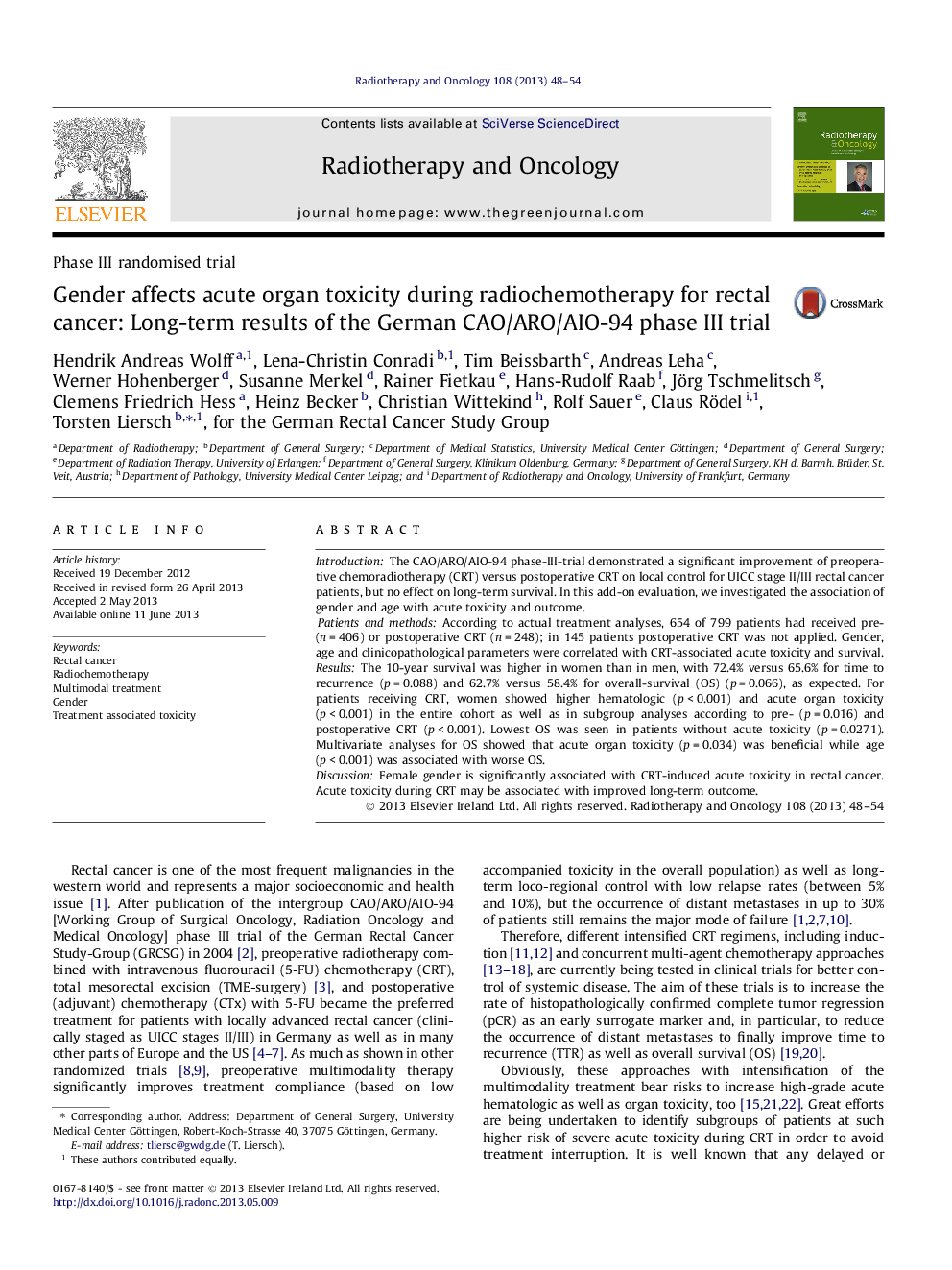 Gender affects acute organ toxicity during radiochemotherapy for rectal cancer: Long-term results of the German CAO/ARO/AIO-94 phase III trial