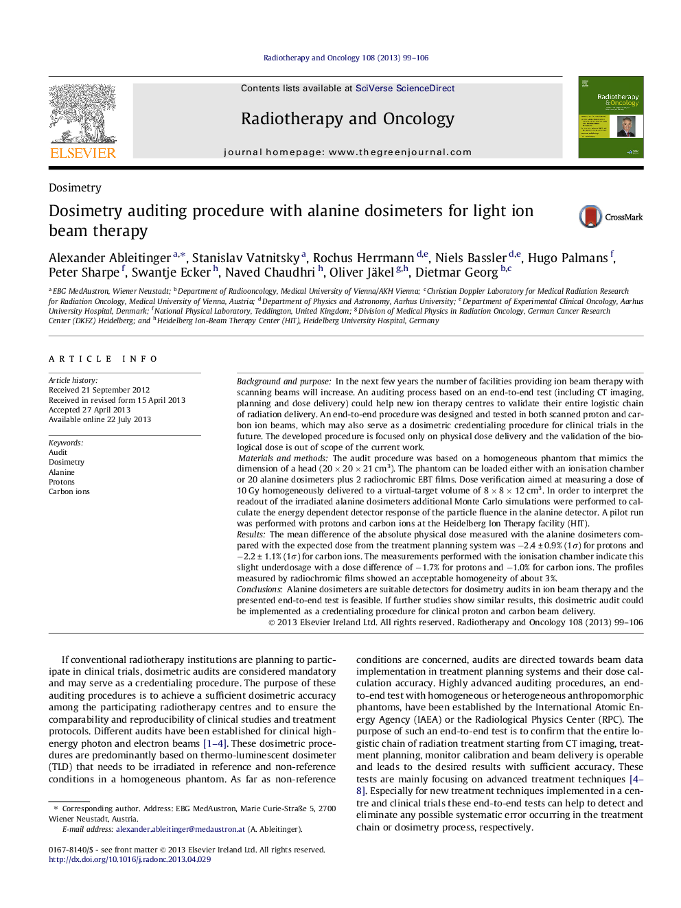 Dosimetry auditing procedure with alanine dosimeters for light ion beam therapy