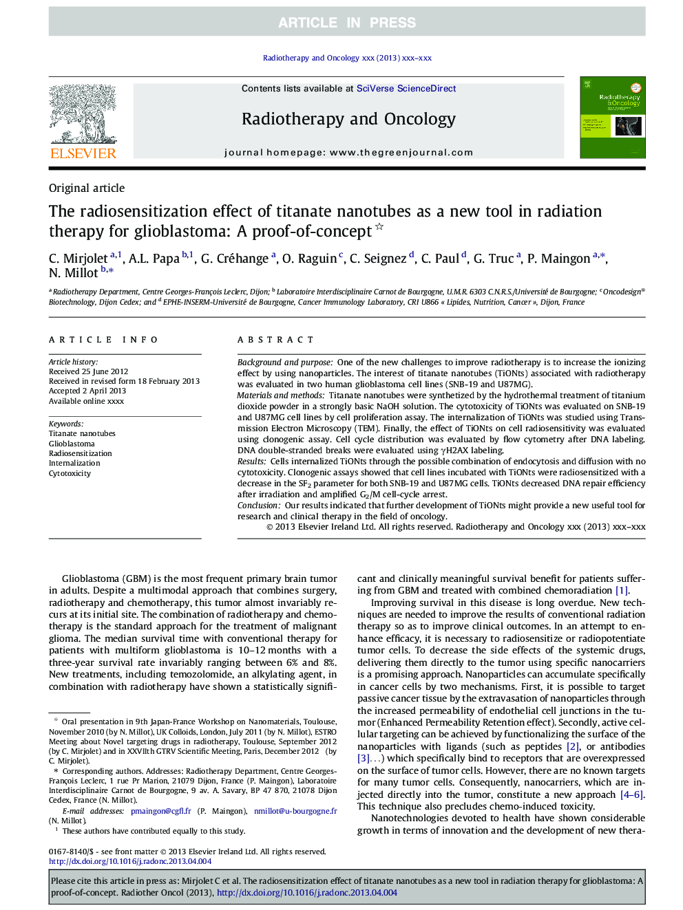 تأثیر حساسیت رادیویی نانولوله های تیتانات به عنوان یک ابزار جدید در پرتودرمانی برای گلیوبلاستوما: اثبات مفهوم 