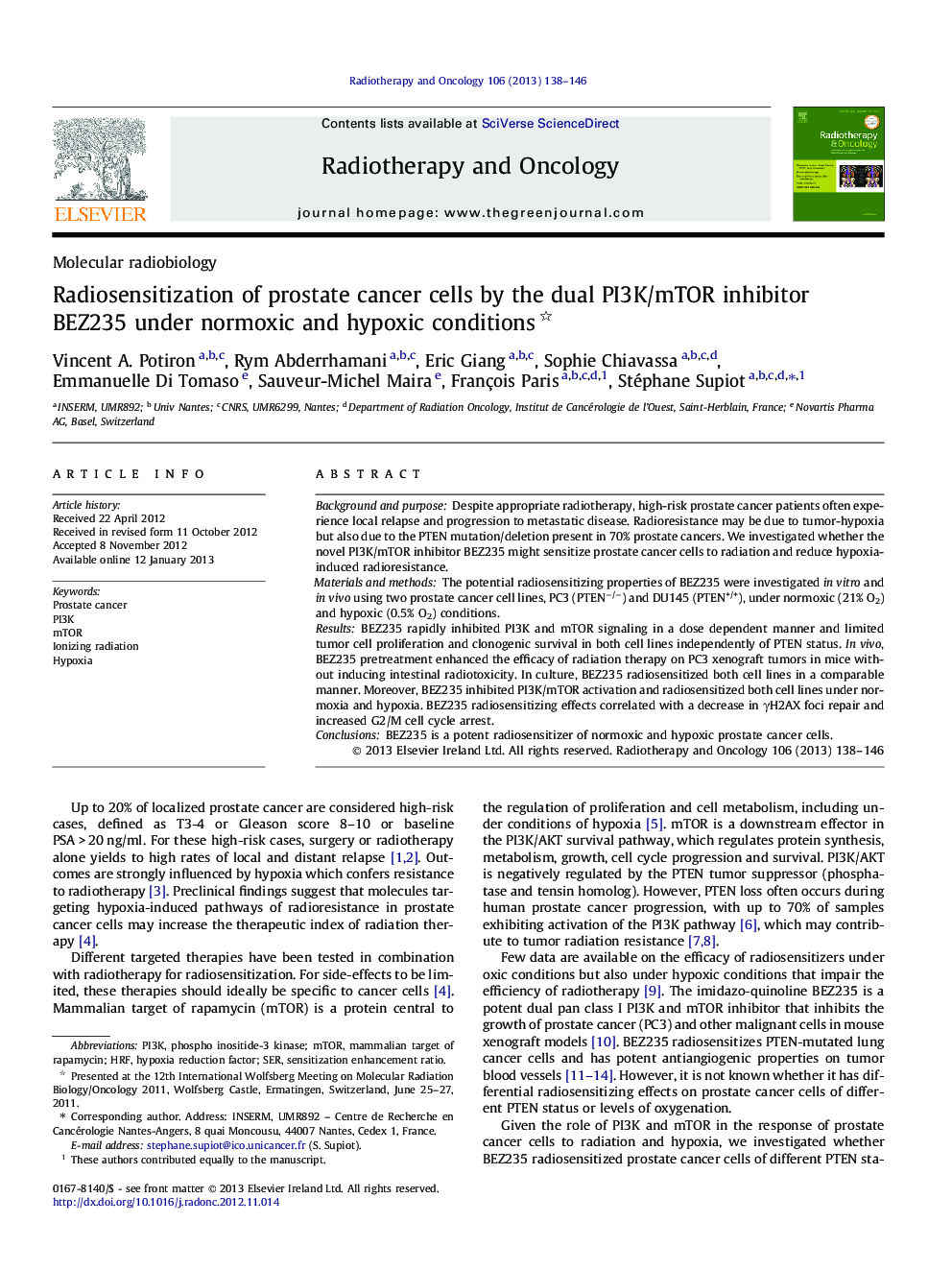 Radiosensitization of prostate cancer cells by the dual PI3K/mTOR inhibitor BEZ235 under normoxic and hypoxic conditions