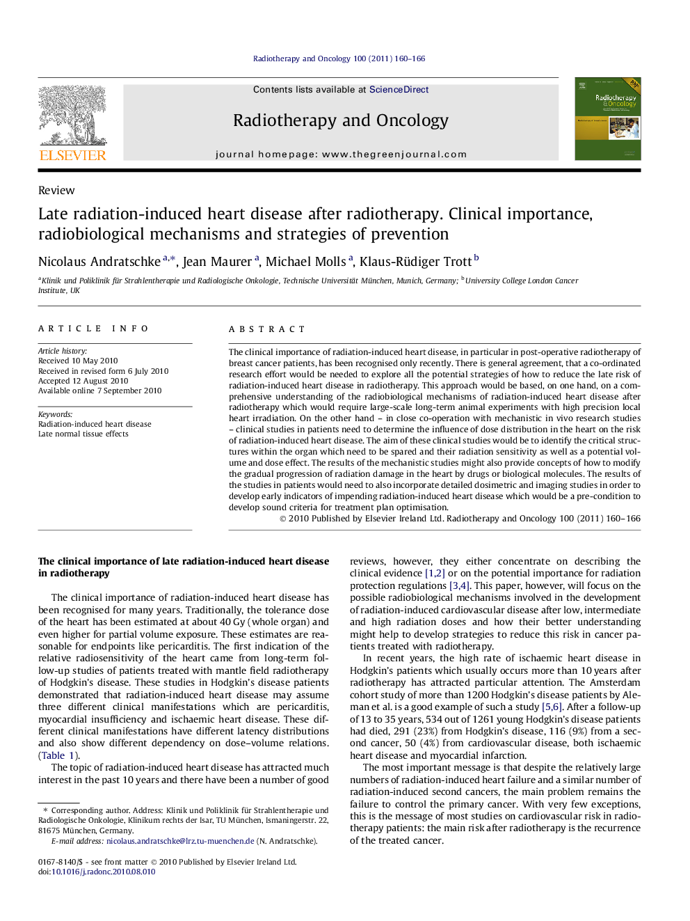 Late radiation-induced heart disease after radiotherapy. Clinical importance, radiobiological mechanisms and strategies of prevention