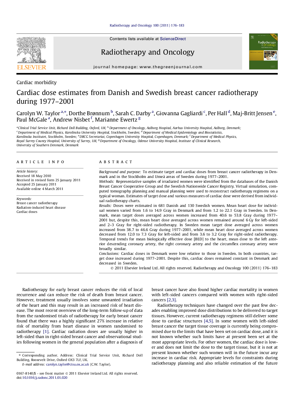 Cardiac dose estimates from Danish and Swedish breast cancer radiotherapy during 1977-2001