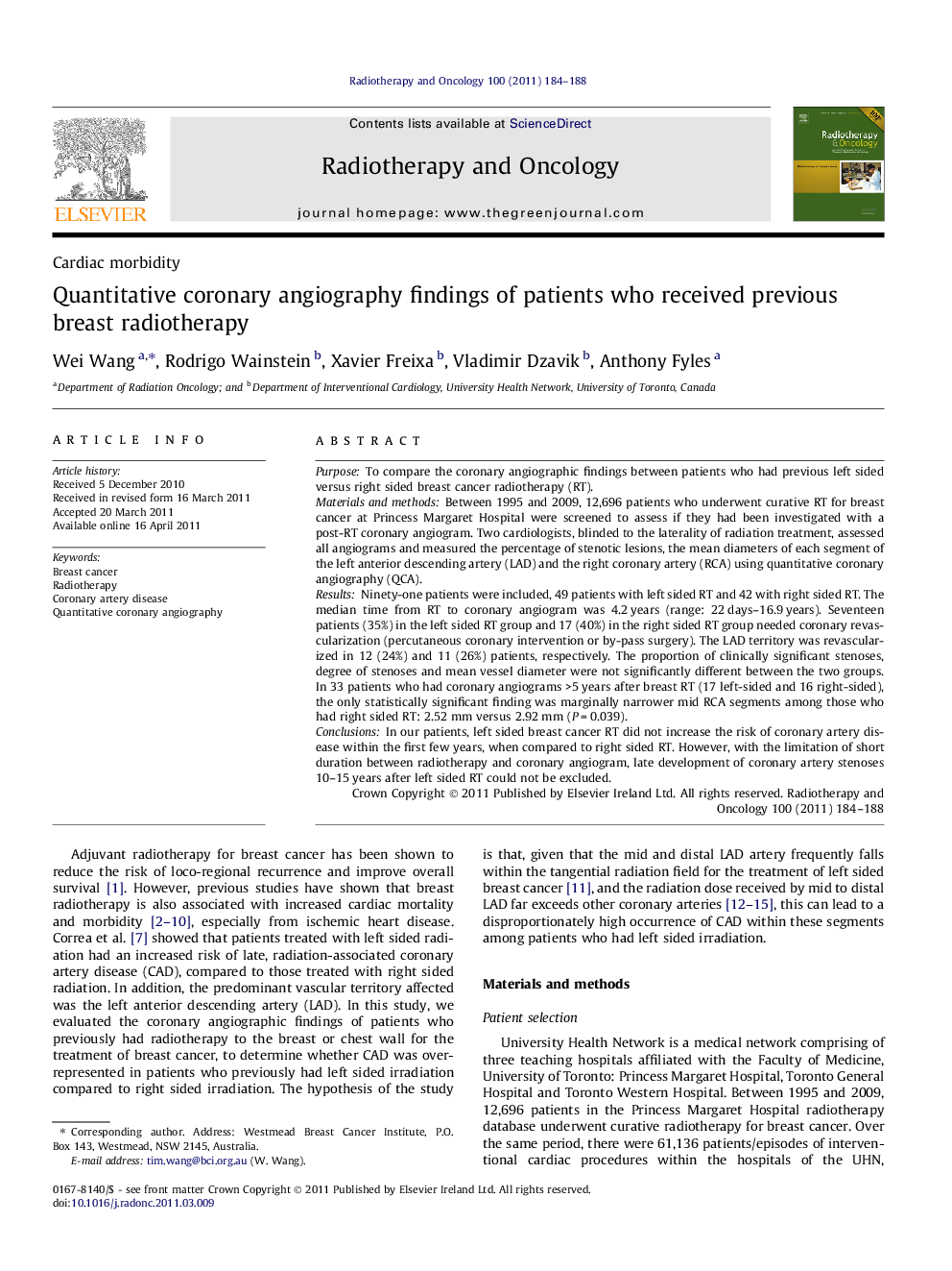 عکس صفحه اول مقاله: Quantitative coronary angiography findings of patients who received previous breast radiotherapy Quantitative coronary angiography findings of patients who received previous breast radiotherapy