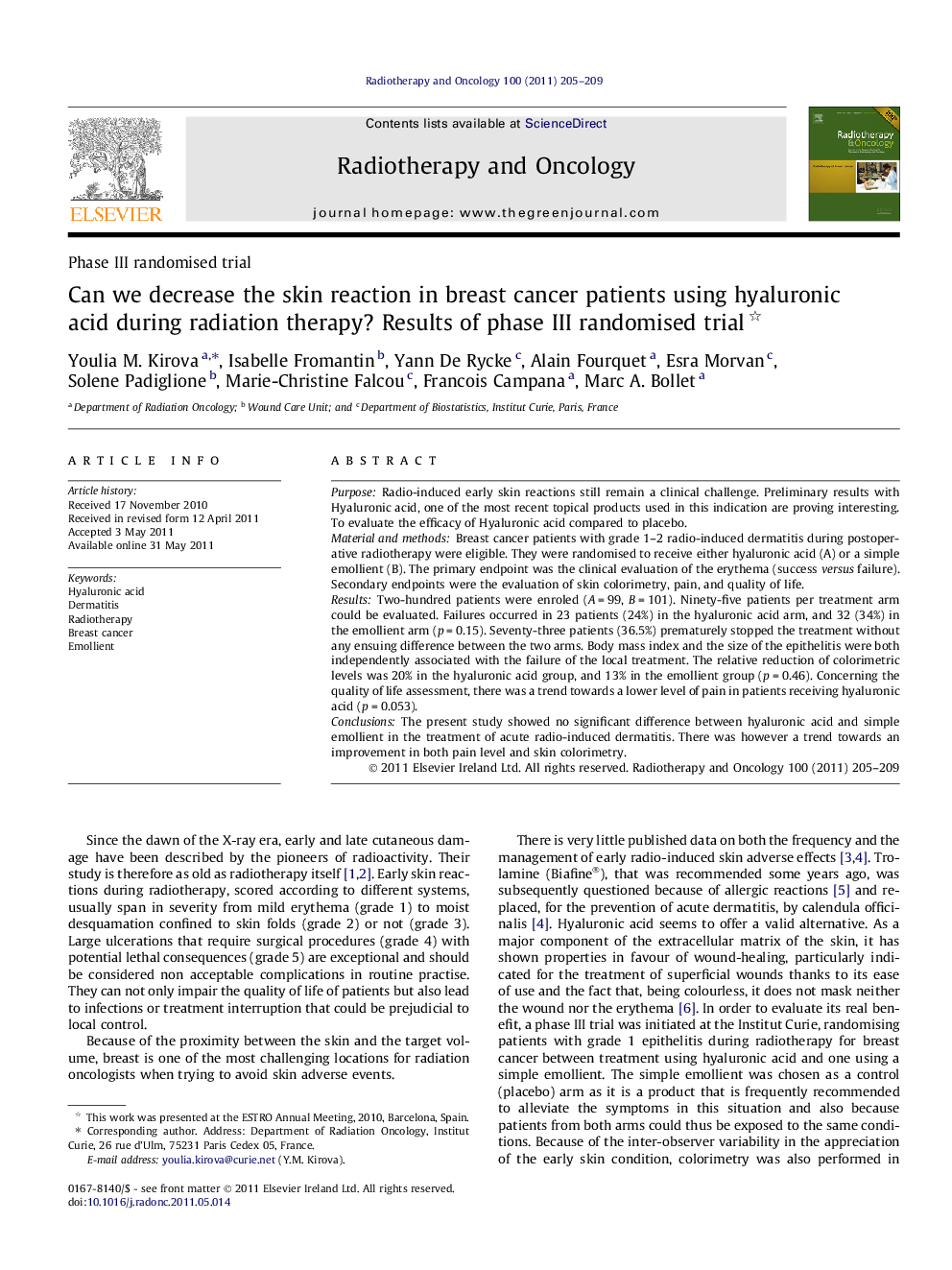 عکس صفحه اول مقاله: Can we decrease the skin reaction in breast cancer patients using hyaluronic acid during radiation therapy? Results of phase III randomised trial Can we decrease the skin reaction in breast cancer patients using hyaluronic acid during radiation therapy? Results of phase III randomised trial