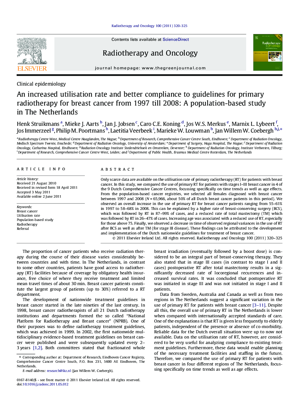 An increased utilisation rate and better compliance to guidelines for primary radiotherapy for breast cancer from 1997 till 2008: A population-based study in The Netherlands