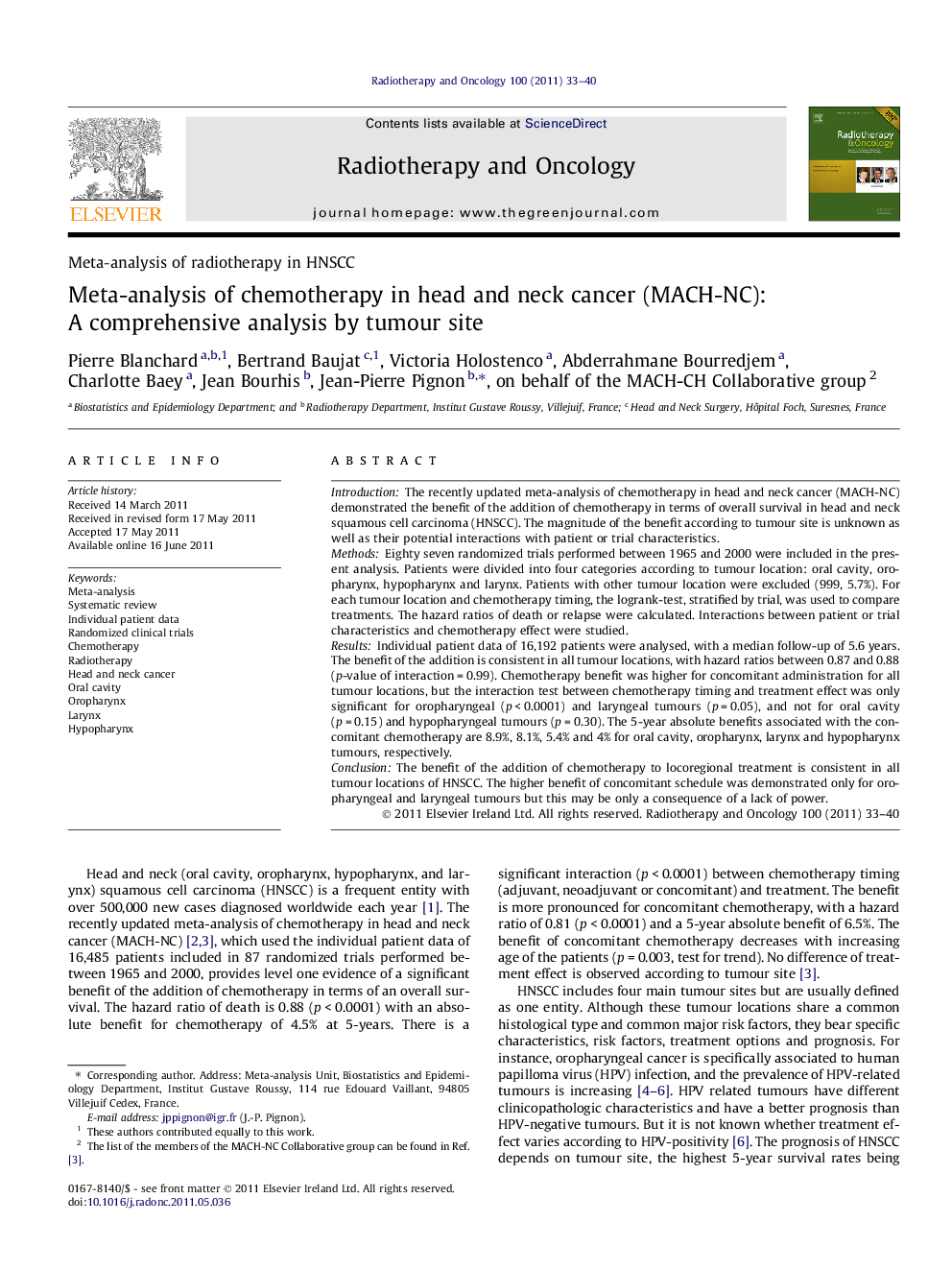 Meta-analysis of chemotherapy in head and neck cancer (MACH-NC): A comprehensive analysis by tumour site