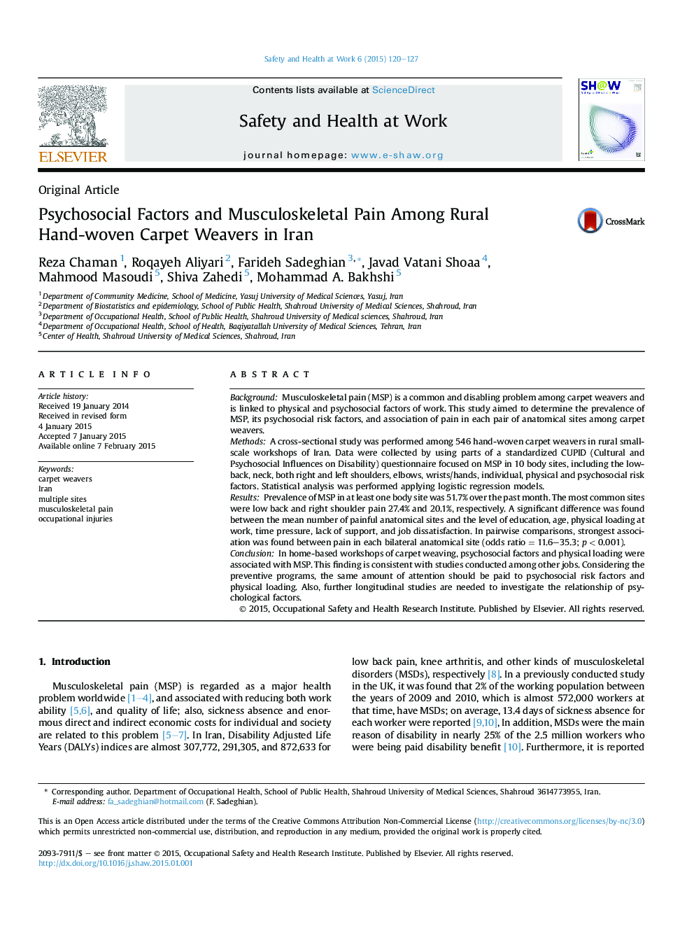 Psychosocial Factors and Musculoskeletal Pain Among Rural Hand-woven Carpet Weavers in Iran 