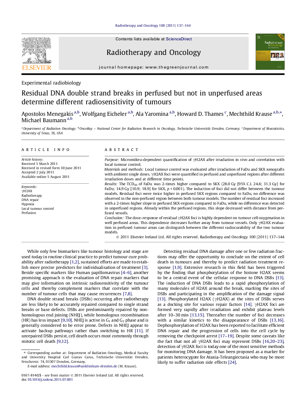 Residual DNA double strand breaks in perfused but not in unperfused areas determine different radiosensitivity of tumours