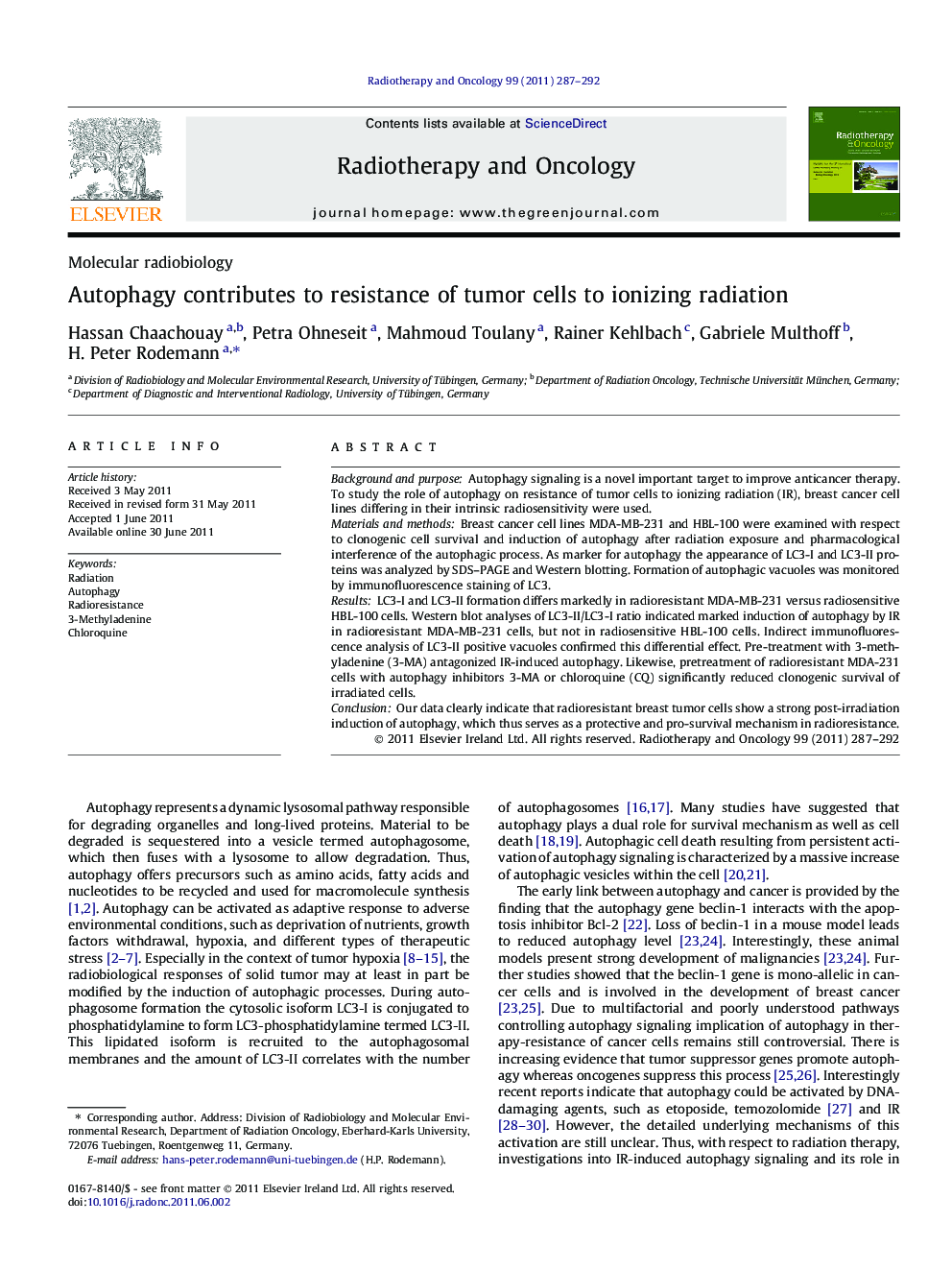 Autophagy contributes to resistance of tumor cells to ionizing radiation