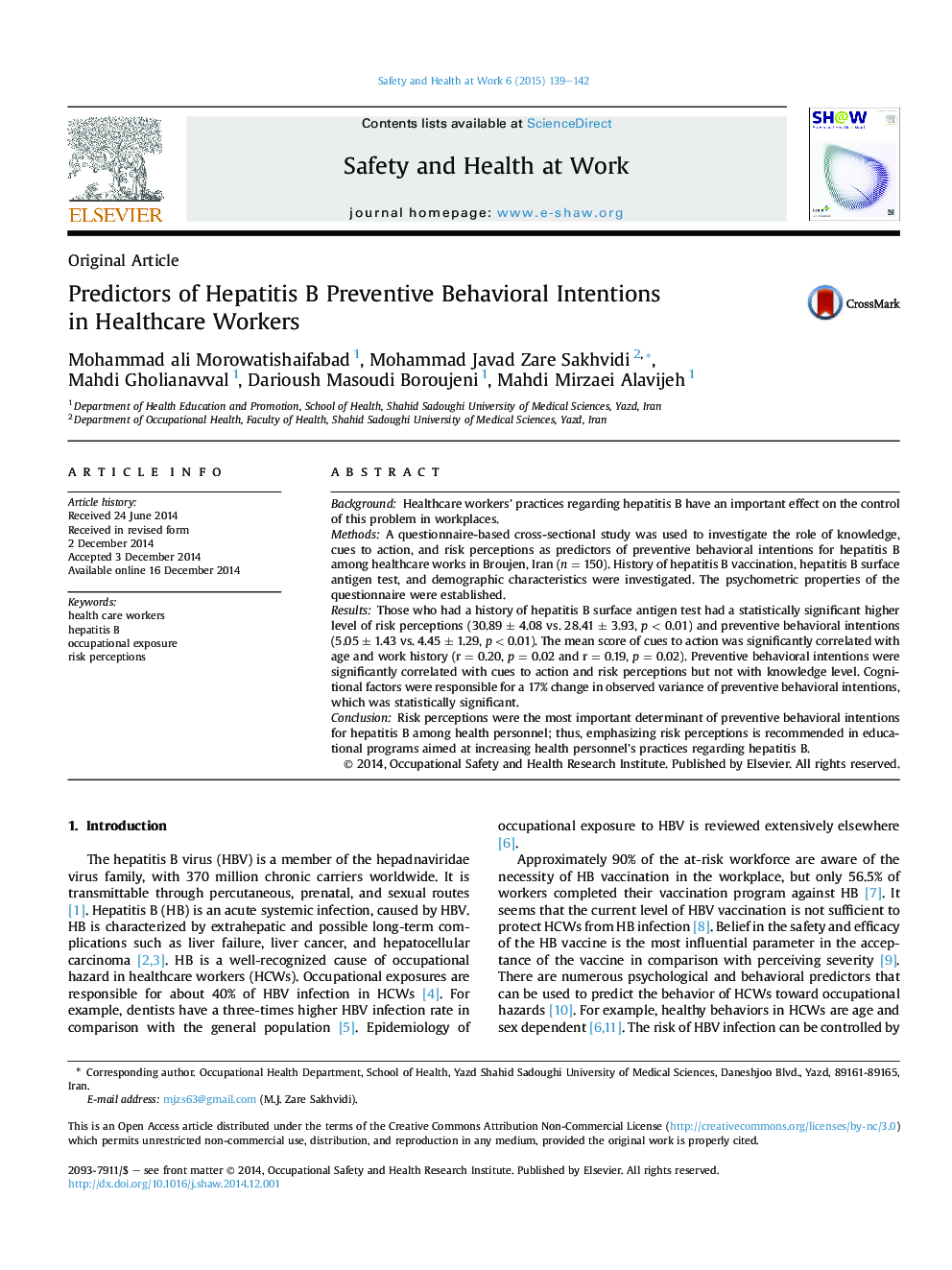 Predictors of Hepatitis B Preventive Behavioral Intentions in Healthcare Workers 