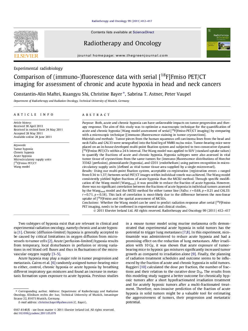 Comparison of (immuno-)fluorescence data with serial [18F]Fmiso PET/CT imaging for assessment of chronic and acute hypoxia in head and neck cancers