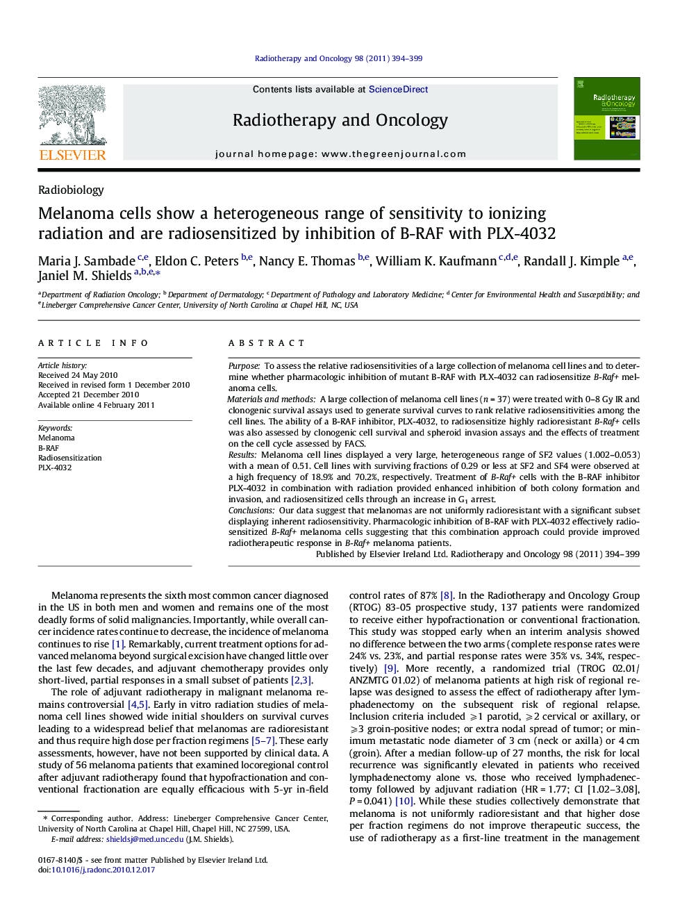 Melanoma cells show a heterogeneous range of sensitivity to ionizing radiation and are radiosensitized by inhibition of B-RAF with PLX-4032