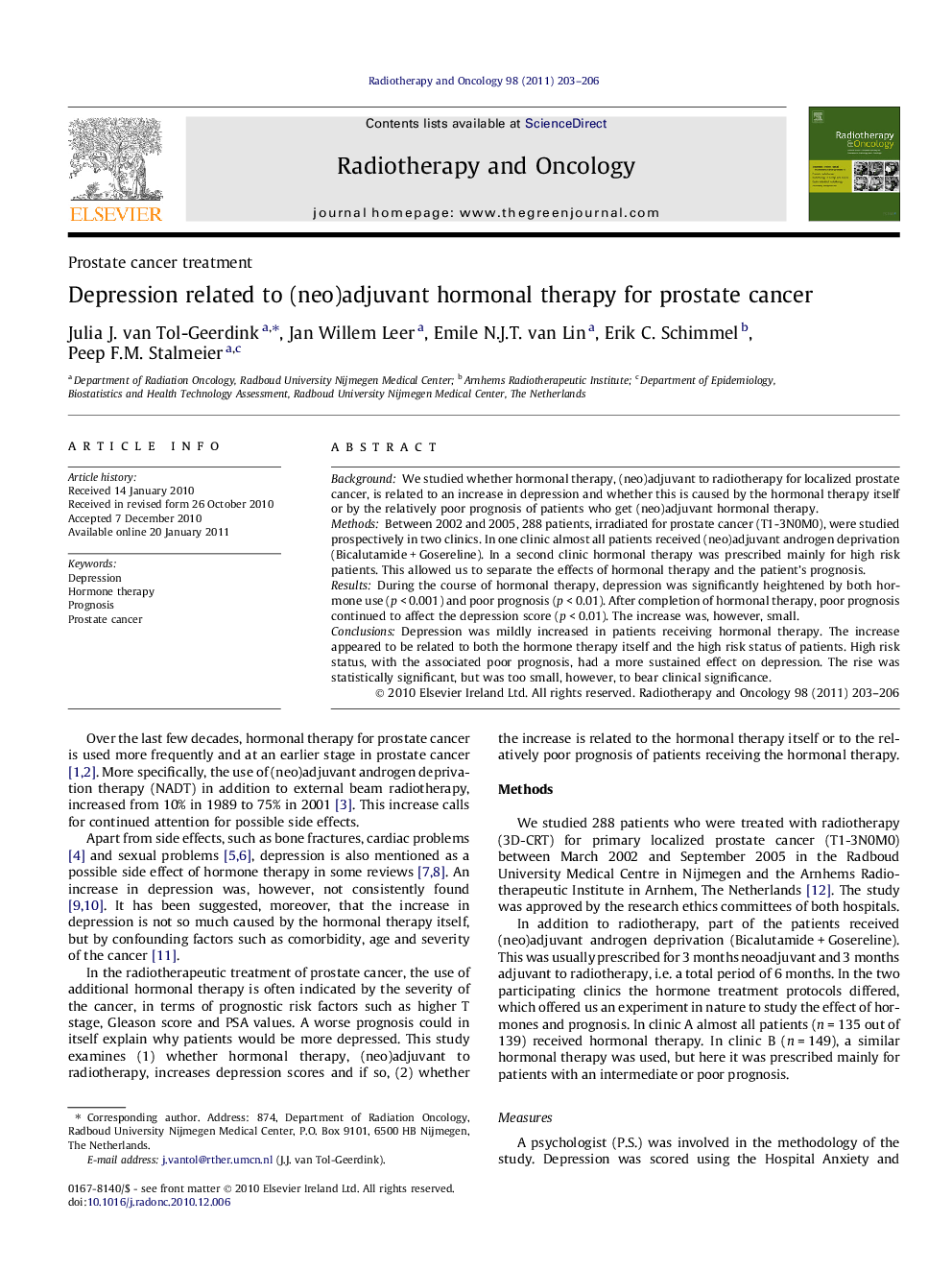 Depression related to (neo)adjuvant hormonal therapy for prostate cancer