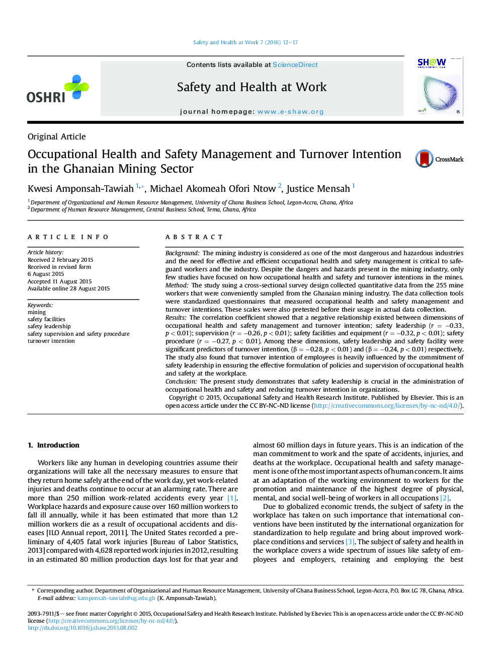 Occupational Health and Safety Management and Turnover Intention in the Ghanaian Mining Sector