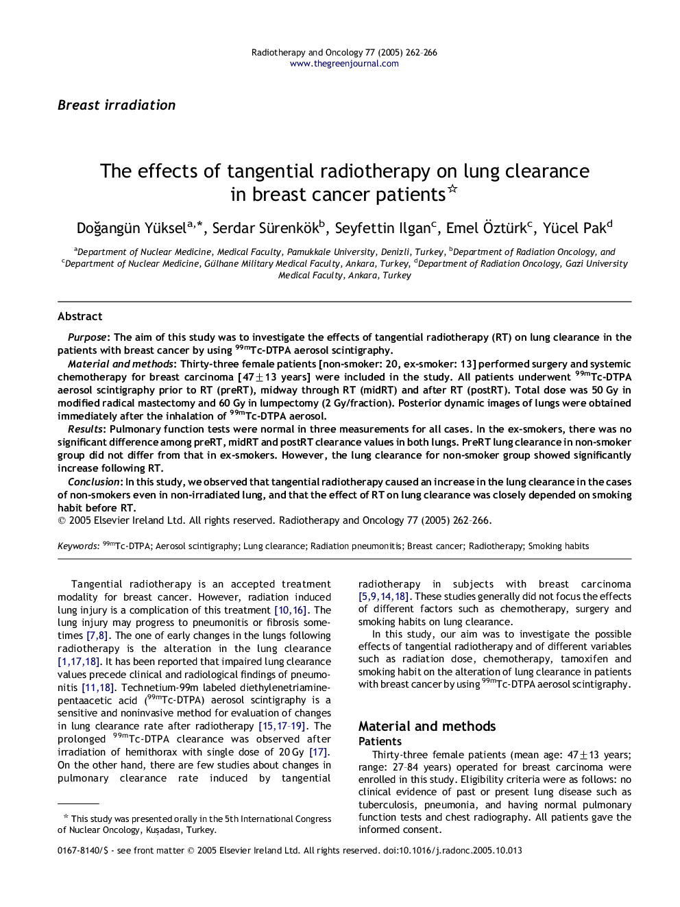 The effects of tangential radiotherapy on lung clearance in breast cancer patients