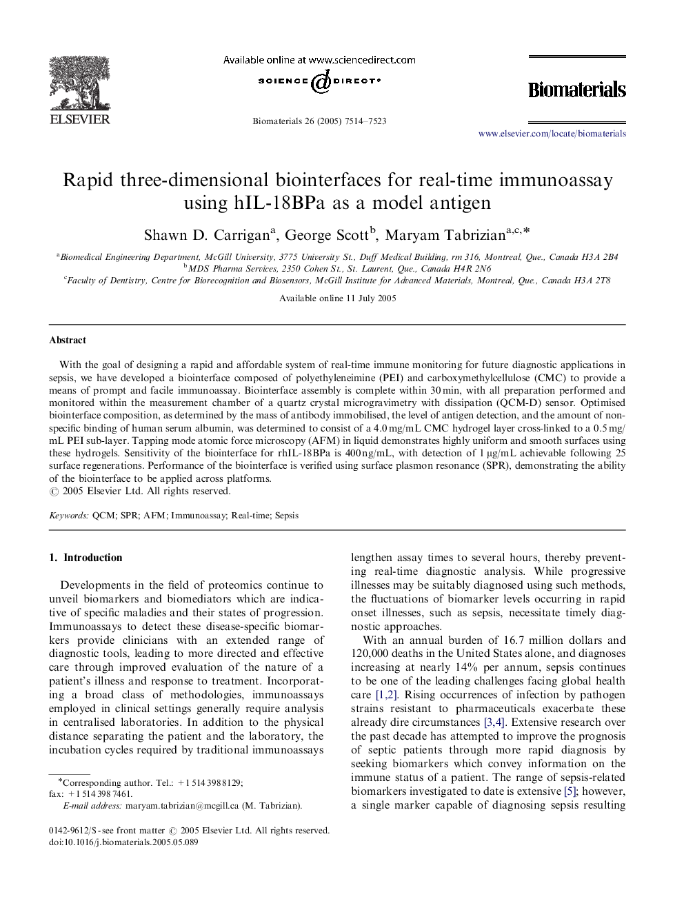 Rapid three-dimensional biointerfaces for real-time immunoassay using hIL-18BPa as a model antigen