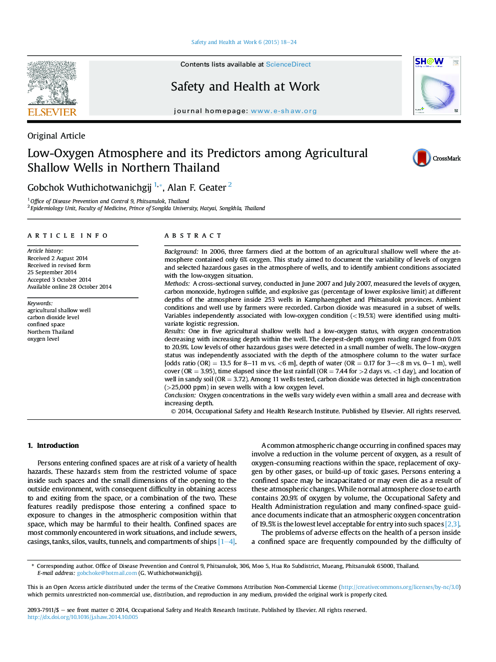 Low-Oxygen Atmosphere and its Predictors among Agricultural Shallow Wells in Northern Thailand 